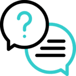 Icône bulle de dialogue avec un point d’interrogation représentant les questions fréquentes sur le bilan de compétences et la reconversion professionnelle.
